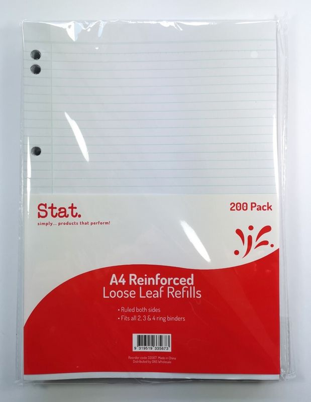 LOOSE LEAF REINFORCED REFILLS STAT A4 RULED PK200