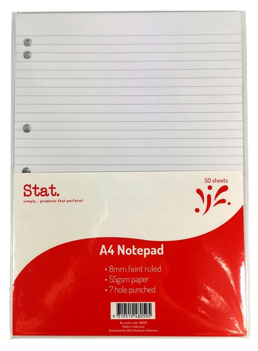 NOTEPAD STAT A4 7 HOLE PUNCHED 55GSM 7MM RULING WHITE 50SHT