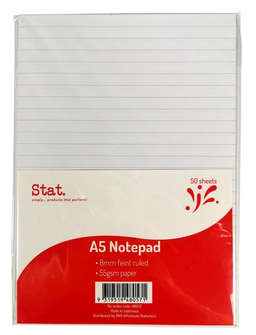 NOTEPAD STAT A5 55GSM 8MM RULING WHITE 50SHT