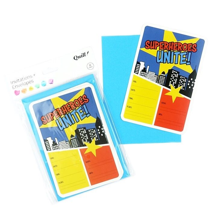 INVITATION CARDS & ENVELOPES QUILL 6 X 4 SUPERHERO PARTY MULTI PK8