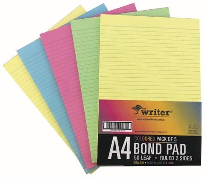 SP- PAD WRITER A4 BOND 2 SIDED RULED ASST COLS 50LF PK5 SP- PAD WRITER A4 BOND 2 SIDED RULED ASST COLS 50LF PK5