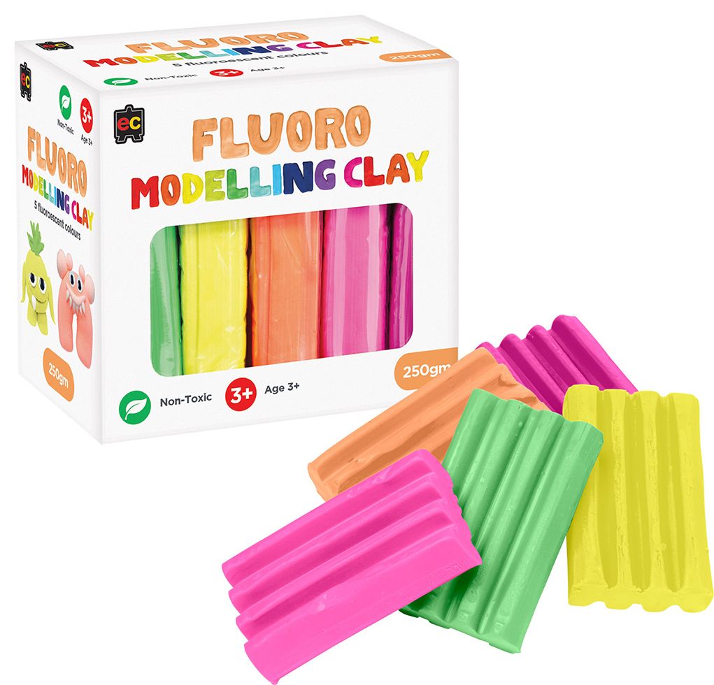 CLAY MODELLING EC 5 COLOURS X 50GM FLURO (GR YL OR PK RD) CLAY MODELLING EC 5 COLOURS X 50GM FLURO (GR YL OR PK RD)