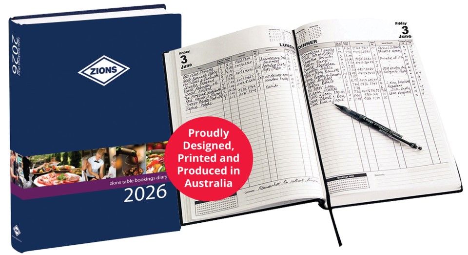 TABLE BOOKINGS DIARY 2026 ZIONS A4 2PTD TABLE BOOKING AUST MADE TABLE BOOKINGS DIARY 2026 ZIONS A4 2PTD TABLE BOOKING AUST MADE