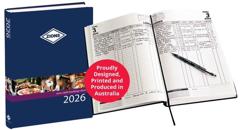 TABLE BOOKINGS DIARY 2026 ZIONS A4 2PTD TABLE BOOKING AUST MADE