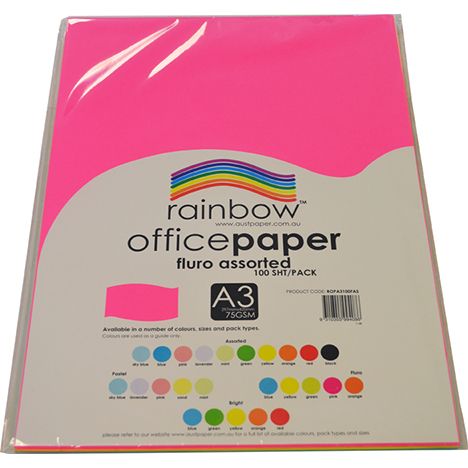 SP-COPY PAPER RAINBOW A3 75GSM FLURO ASSORTED PK100