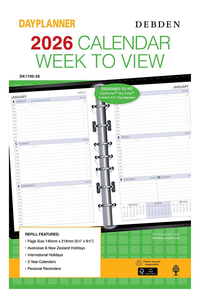 REFILL 2026 DEBDEN DAYPLANNER 140X216MM DK1700 DESK 7 RING WTV REFILL 2026 DEBDEN DAYPLANNER 140X216MM DK1700 DESK 7 RING WTV