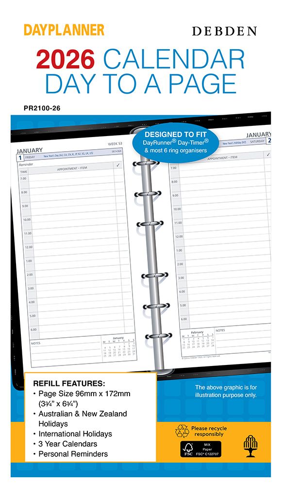 REFILL 2026 DEBDEN DAYPLANNER 96X172MM PR2100 PERSONAL 6 RING 1DTP REFILL 2026 DEBDEN DAYPLANNER 96X172MM PR2100 PERSONAL 6 RING 1DTP