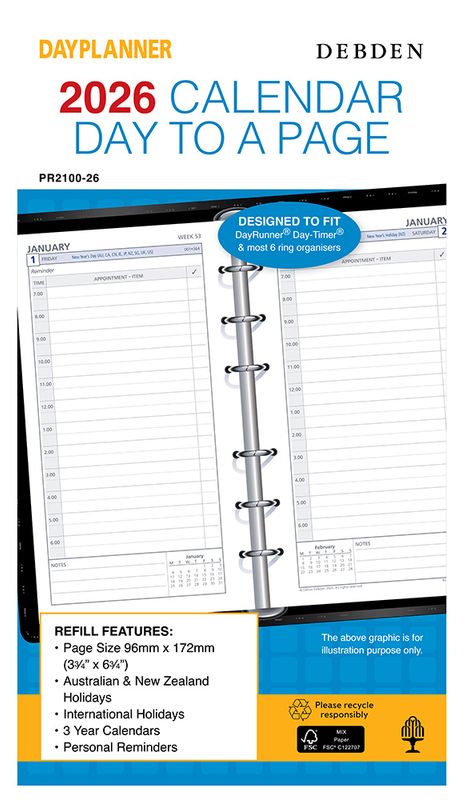REFILL 2026 DEBDEN DAYPLANNER 96X172MM PR2100 PERSONAL 6 RING 1DTP