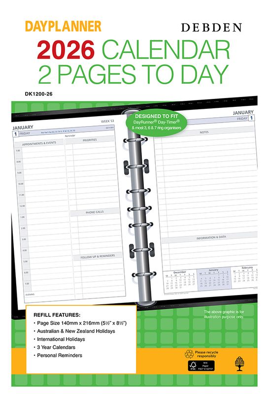 REFILL 2026 DEBDEN DAYPLANNER 140X216MM DK1200 DESK 7 RING 2PTD
