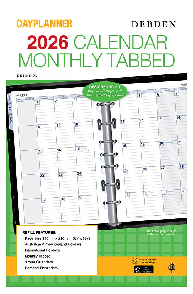REFILL 2026 DEBDEN DAYPLANNER 140X216MM DK1310 DESK 7 RING MTV W/TABS REFILL 2026 DEBDEN DAYPLANNER 140X216MM DK1310 DESK 7 RING MTV W/TABS