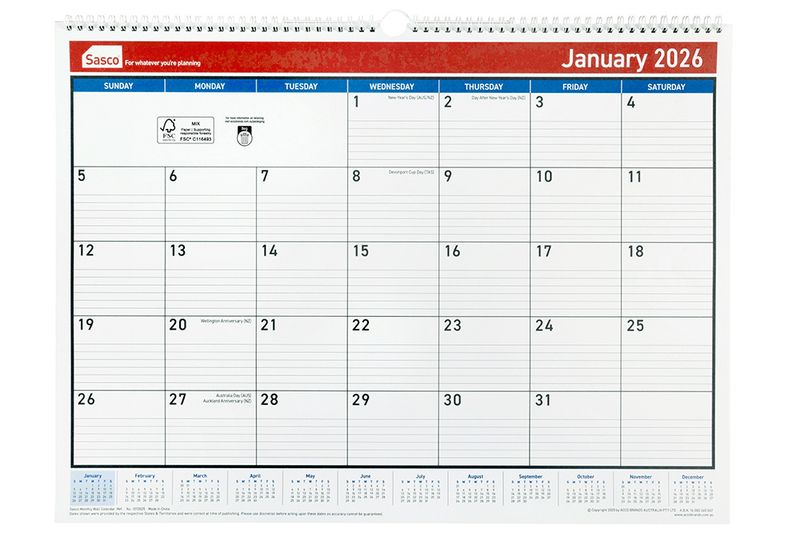CALENDAR 2026 SASCO 530X395MM MTV