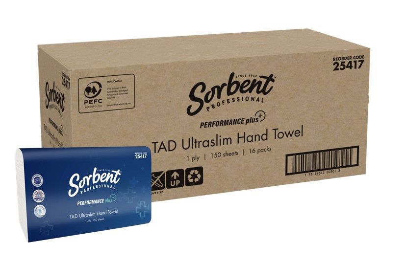 HAND TOWEL SORBENT PRO PERFORMANCE PLUS 1 PLY 150S TAD ULTRASLIM WHITE HAND TOWEL SORBENT PRO PERFORMANCE PLUS 1 PLY 150S TAD ULTRASLIM WHITE