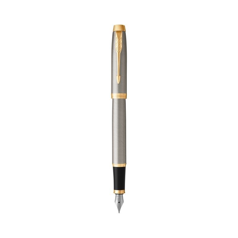Parker IM Fountain Pen - Brushed Metal, Gold Trim, Medium Nib