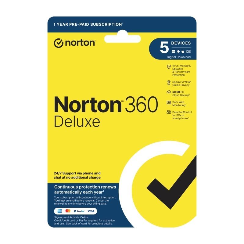 Norton 360 Deluxe Protection - 1 User 5 Devices 1 Year Sub - ESD Version