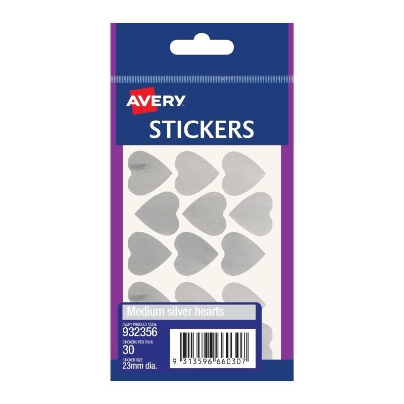 Avery 23mm Silver Heart Stickers 30-Pack - Box of 10