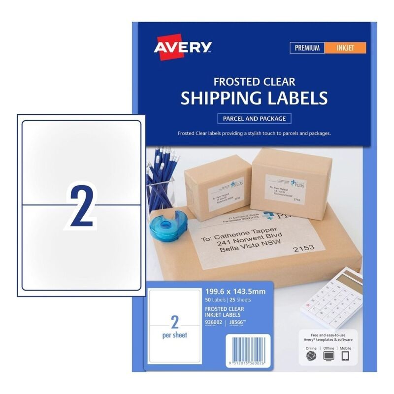 Avery 199x143mm Inkjet Frosted Clear Shipping Labels 50-Pack - Box of 5