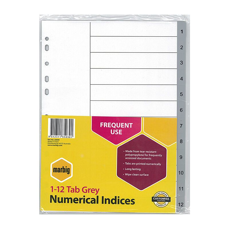 Marbig Indices & Dividers 1-12 Tab Pp A4 Grey