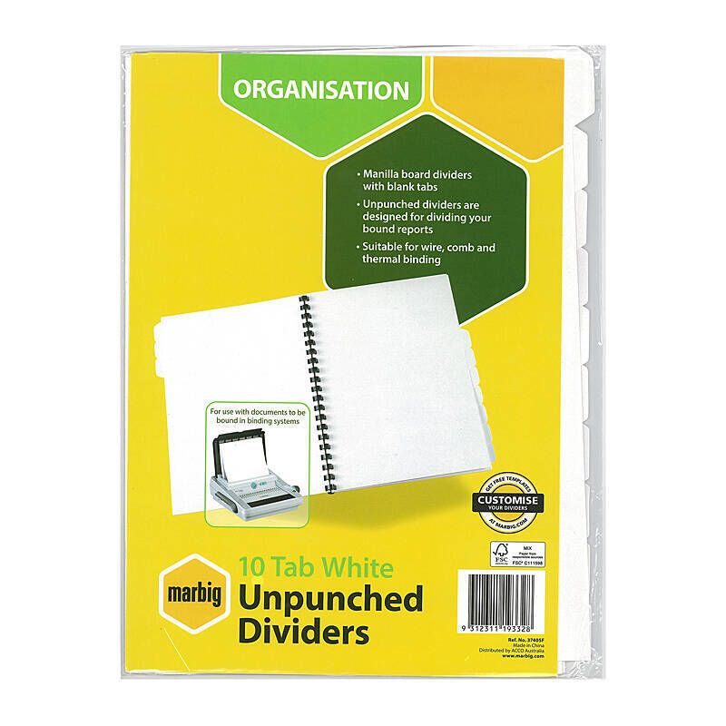 Marbig Indices & Divider 10 Tab Manil A4 Unpunched