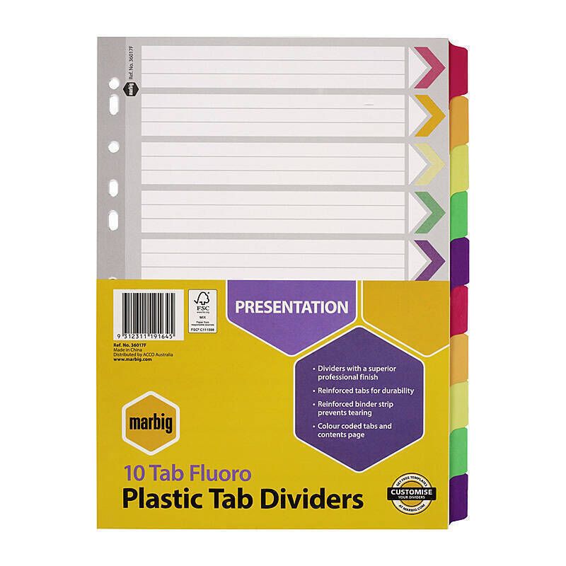 Marbig Indices & Dividers 10 Tab Reinf A4 Fluoro