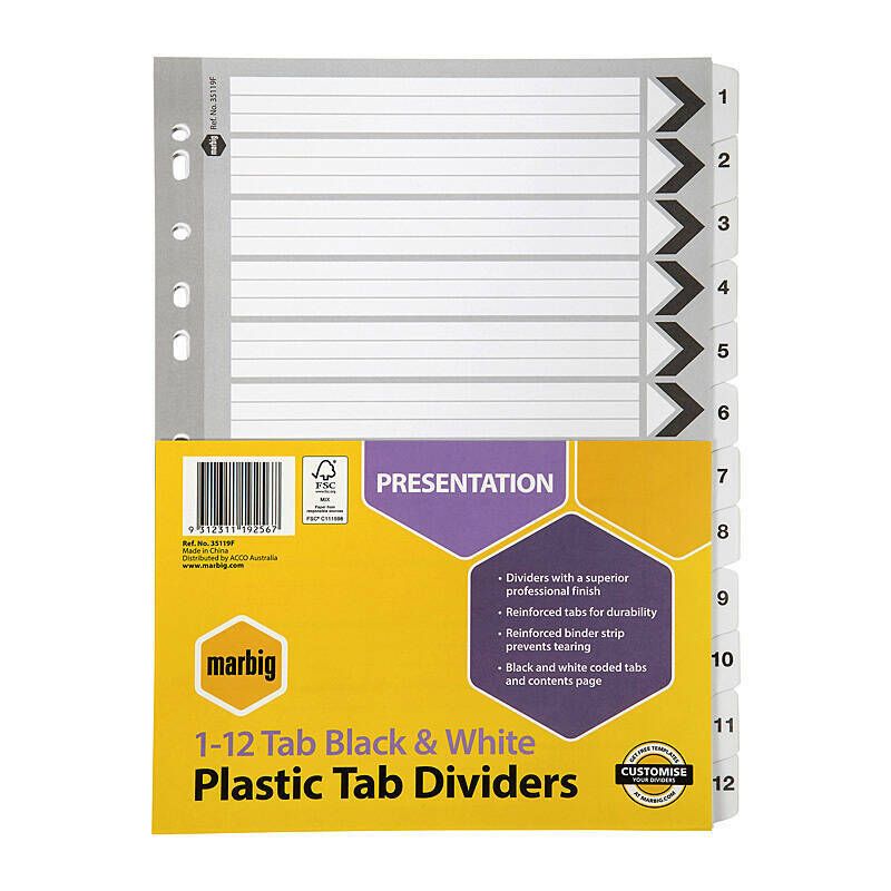 Marbig Indices & Dividers 1-12 Tab Reinf A4 Black
