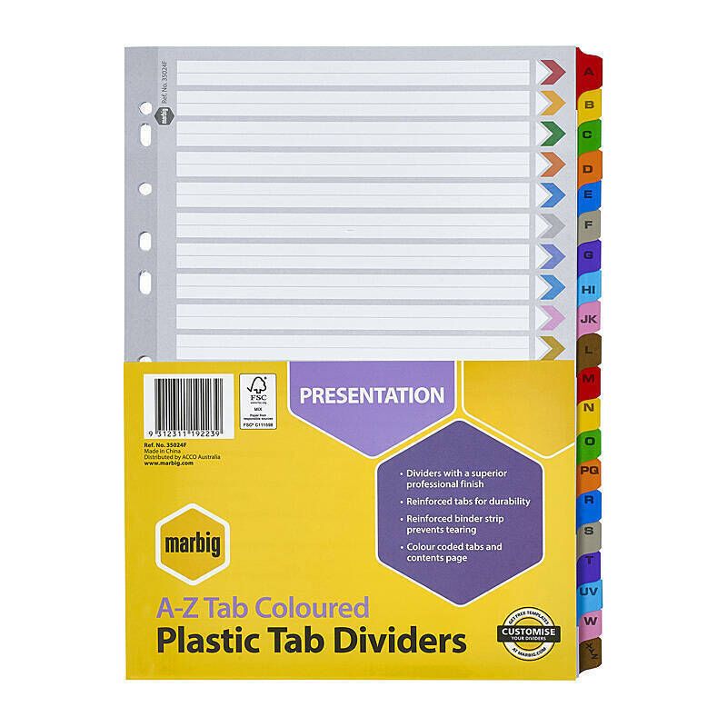 Marbig Indices & Dividers A-Z Tab Reinf A4 Colour