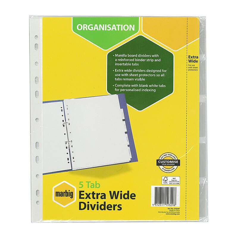 Marbig Indices & Divider 5 Insert Tab XWide A4 Wht
