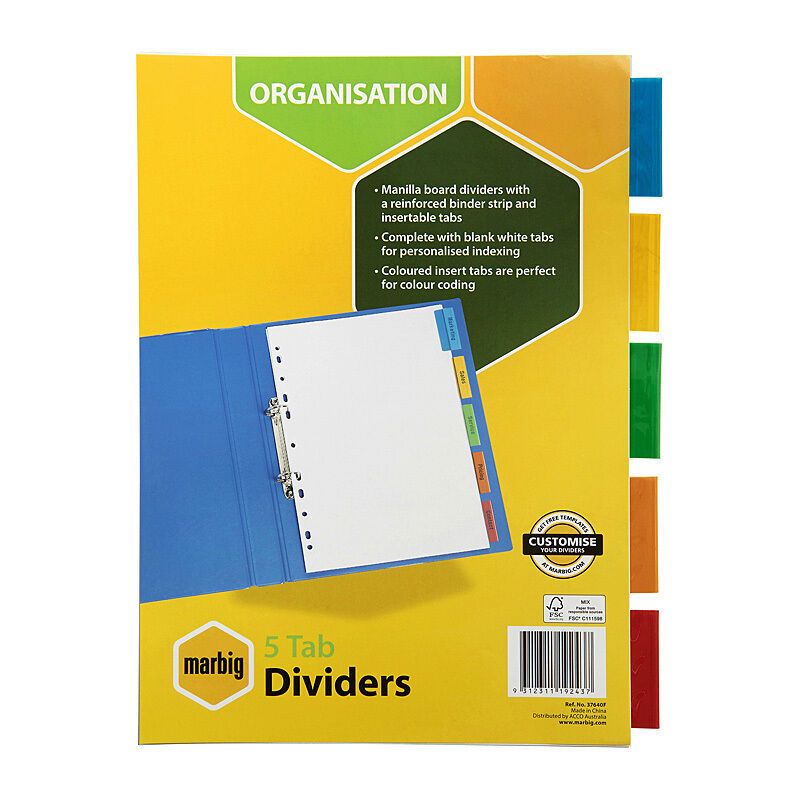 Marbig Indices & Divider 5 Insert Tab Manil A4 Col