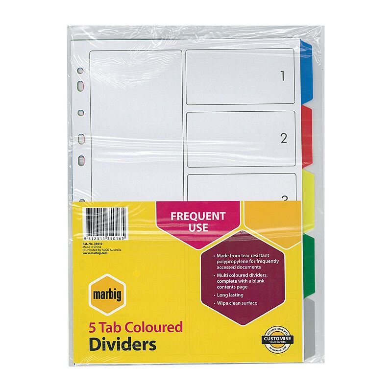 Marbig Indices & Dividers 5 Tab Pp A4 Multi Colour