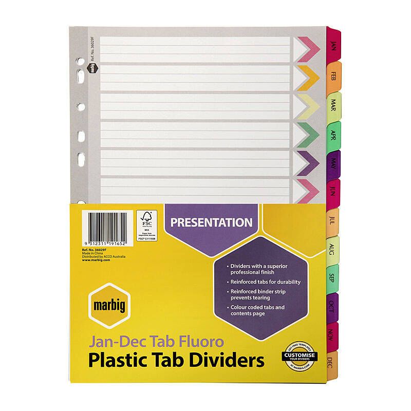 Marbig Indices & Divider Jan-Dec Tab Reinf A4 Fluo