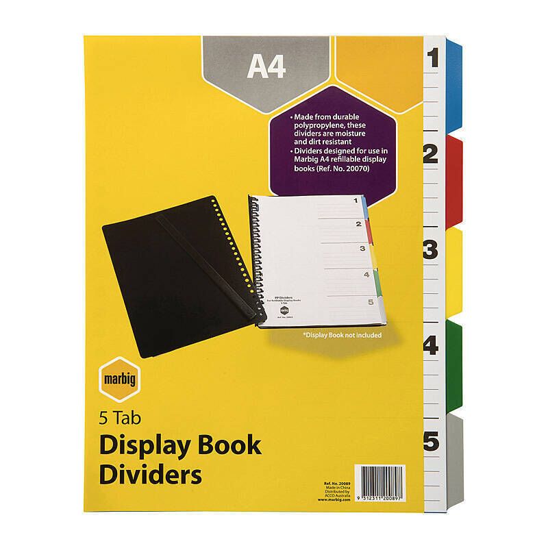 Marbig D/Book Indices & Dividers 5 Tab PP A4 Multi