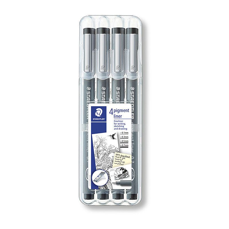 Staedtler 0.1 - 0.7mm Assorted Line Width Pigment FineLiners - Box of 4 - Black