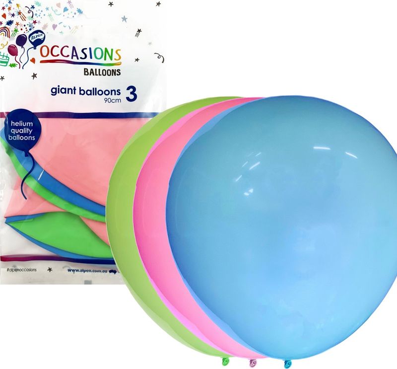 BALLOONS ALPEN 90CM GIANT INFLATED ASSORTED PK3