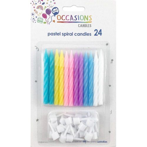 CANDLES ALPEN B/DAY PASTEL W/HOLDER 24'S