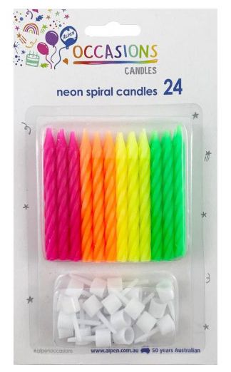 CANDLES ALPEN B/DAY NEON W/HOLDERS 24'S