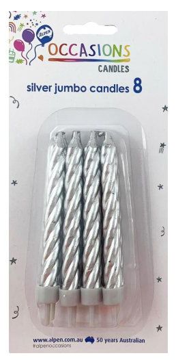 CANDLES ALPEN B/DAY SPIRAL JUMBO SILVER 8'S