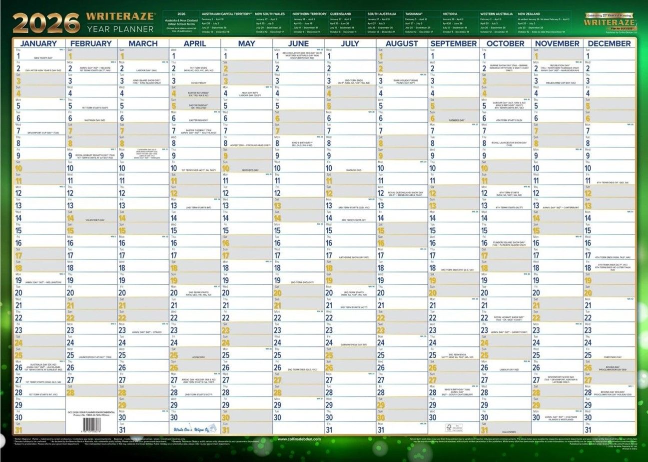 PLANNER 2026 COLLINS 500X700MM 11880 QC2 LAMINATED RECYCLED