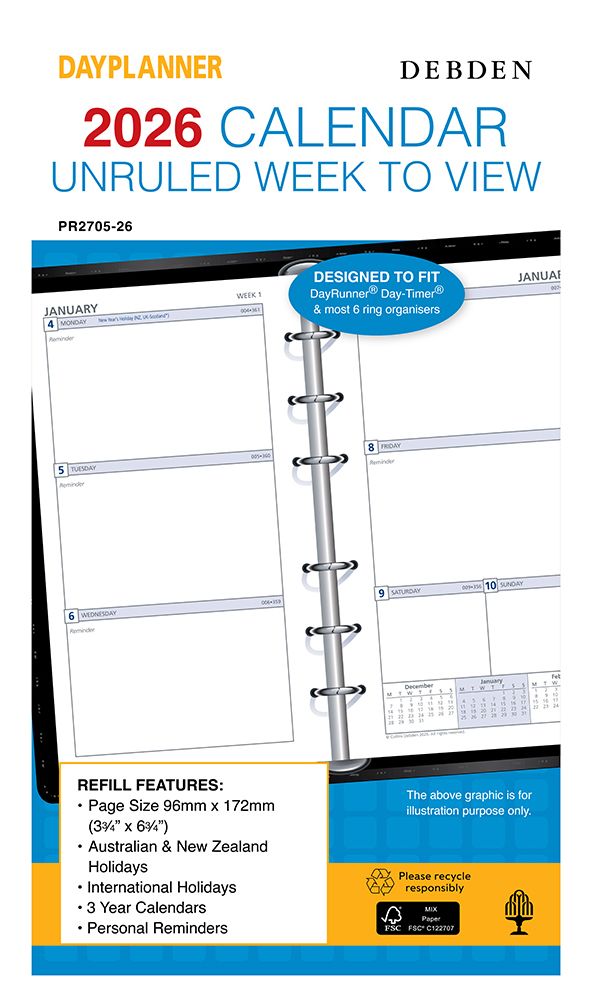 REFILL 2026 DEBDEN DAYPLANNER 96X172MM PR2700 PERSONAL 6 RING UNRULED