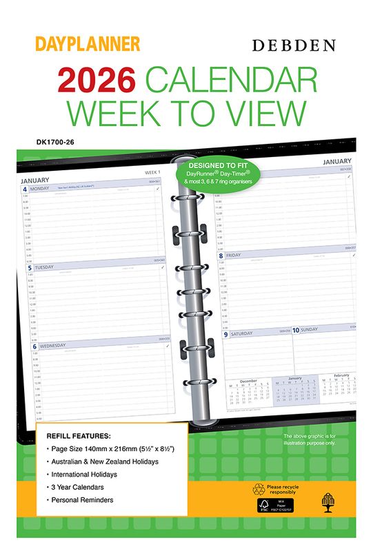 REFILL 2026 DEBDEN DAYPLANNER 140X216MM DK1700 DESK 7 RING WTV