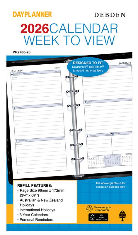 REFILL 2026 DEBDEN DAYPLANNER 96X172MM PR2700 PERSONAL 6 RING WTV