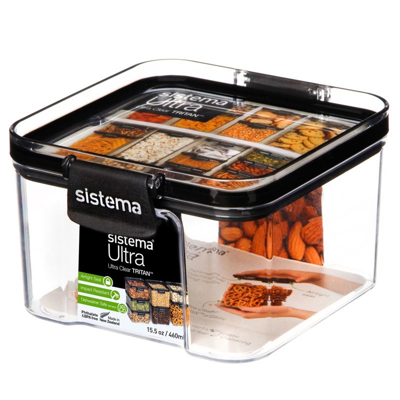 FOOD CONTAINER SISTEMA 460ML ULTRA SQUARE CLEAR/BLACK