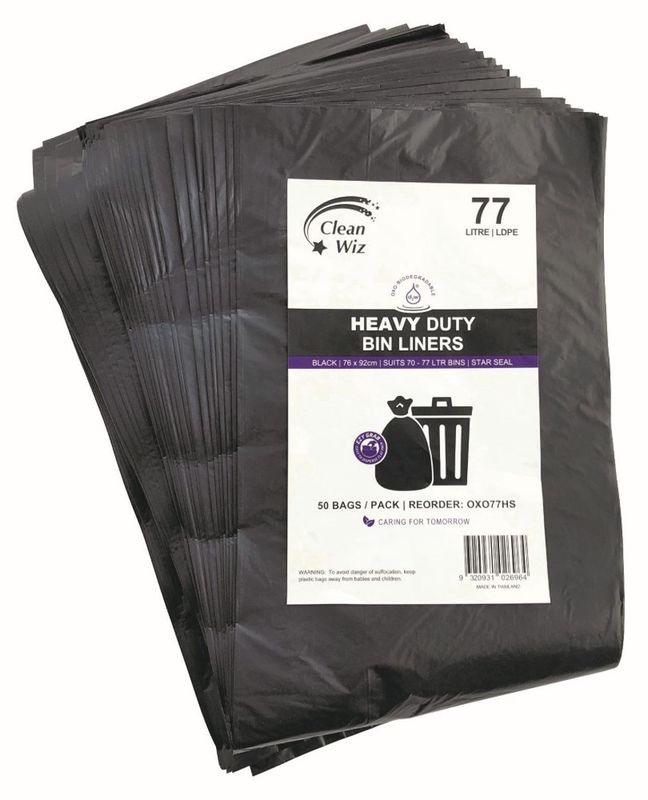 BIN LINER CLEAN WIZ 77L ECO OXO-BIODEGRADABLE HEAVY DUTY STAR SEAL BLK PK50