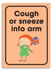 SIGN DURUS 225X300MM SCHOOL WALL COUGH OR SNEEZE INTO ARM ORANGE