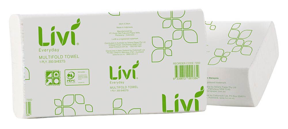 PAPER TOWEL LIVI BASICS MULTIFOLD 1PLY 200 SHTS