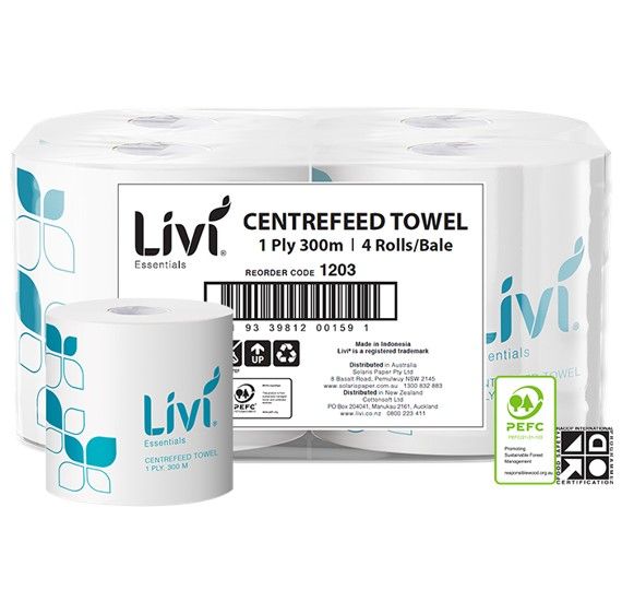 PAPER TOWEL ROLL LIVI ESSENTIAL CENTREFEED 300M 1PLY