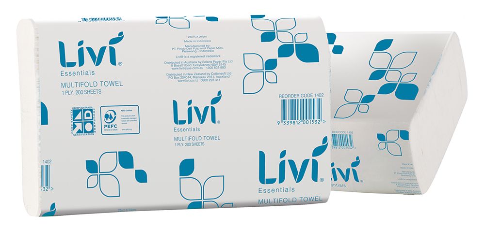 PAPER TOWEL LIVI ESSENTIALS MULTIFOLD 1PLY 200S