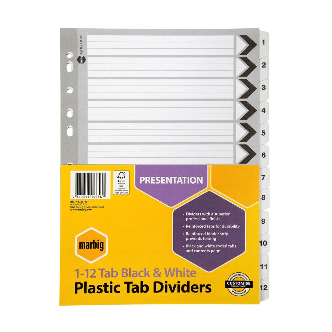DIVIDERS MARBIG A4 MANILLA PVC 1-12 TAB BLK/WHT