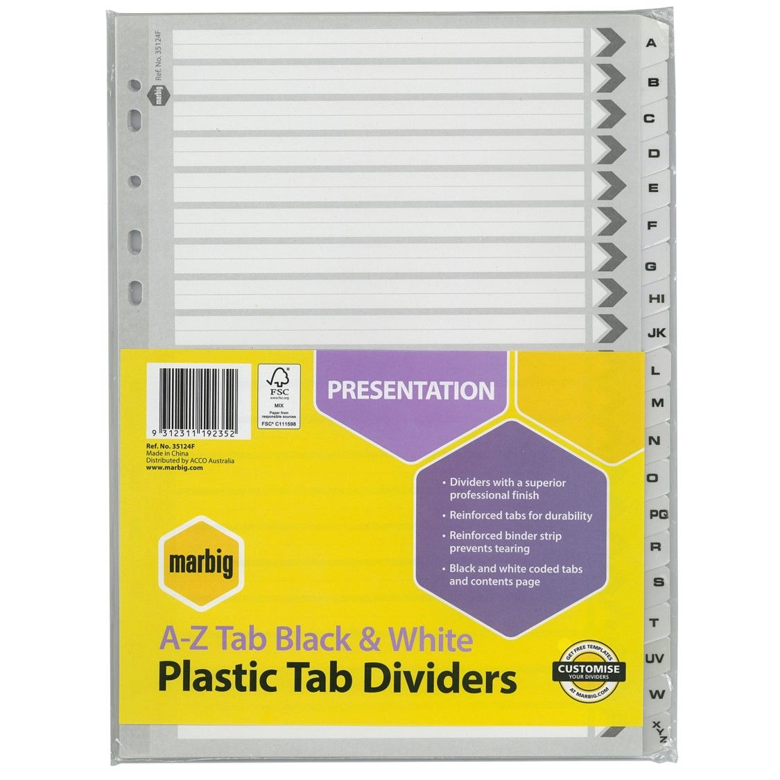 DIVIDERS MARBIG A4 MANILLA PVC A-Z TAB BLK/WHT
