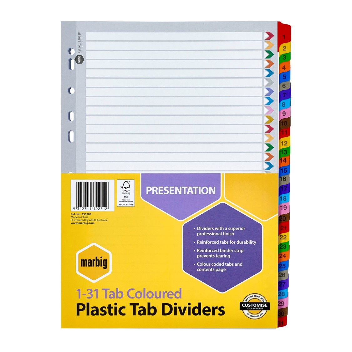 DIVIDERS MARBIG A4 PLASTIC 1-31 TAB