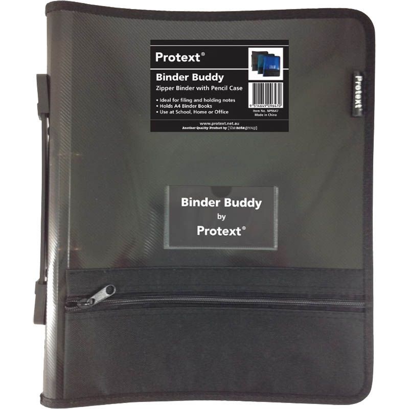 BINDER BUDDY PROTEXT A4 2 RING 25MM WITH ZIPPER,HANDLE,P/CASE,POCKETS SMOKE