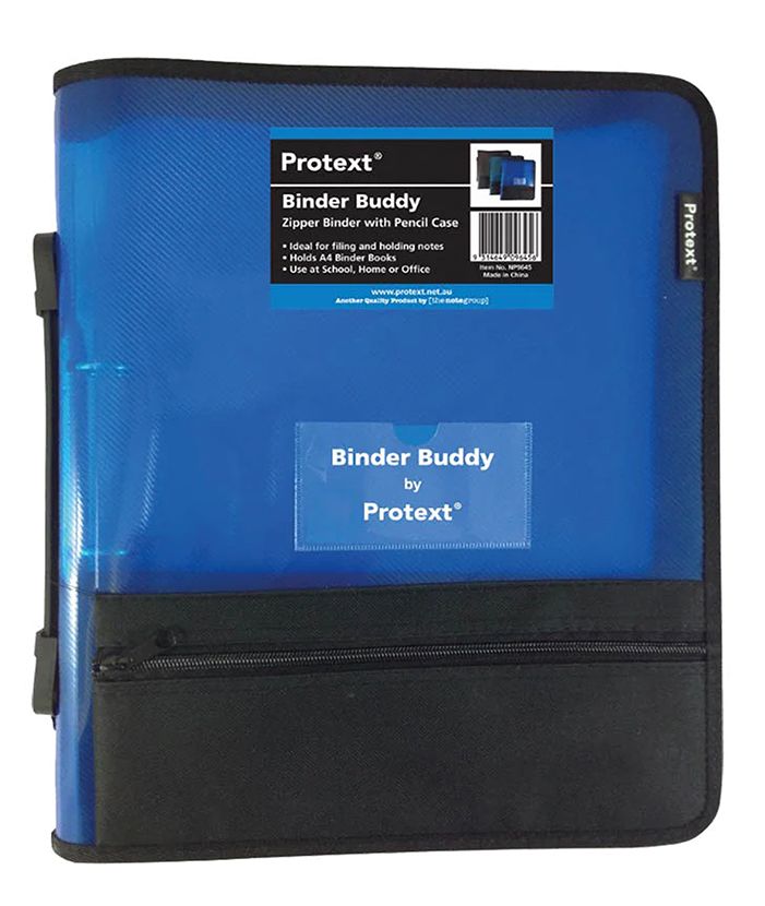 BINDER BUDDY PROTEXT A4 2 RING 25MM WITH ZIPPER,HANDLE,P/CASE,POCKETS BLUE